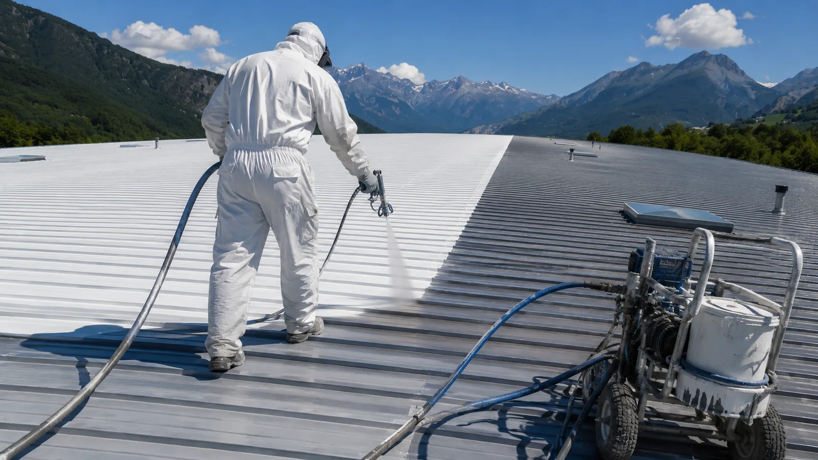 Application mécanisée de peinture réfléchissante blanche sur une toiture bac acier