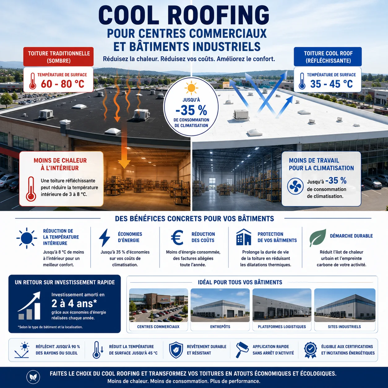 Infographie du cool roofing pour centres commerciaux et bâtiments industriels : bénéfices et retour sur investissement