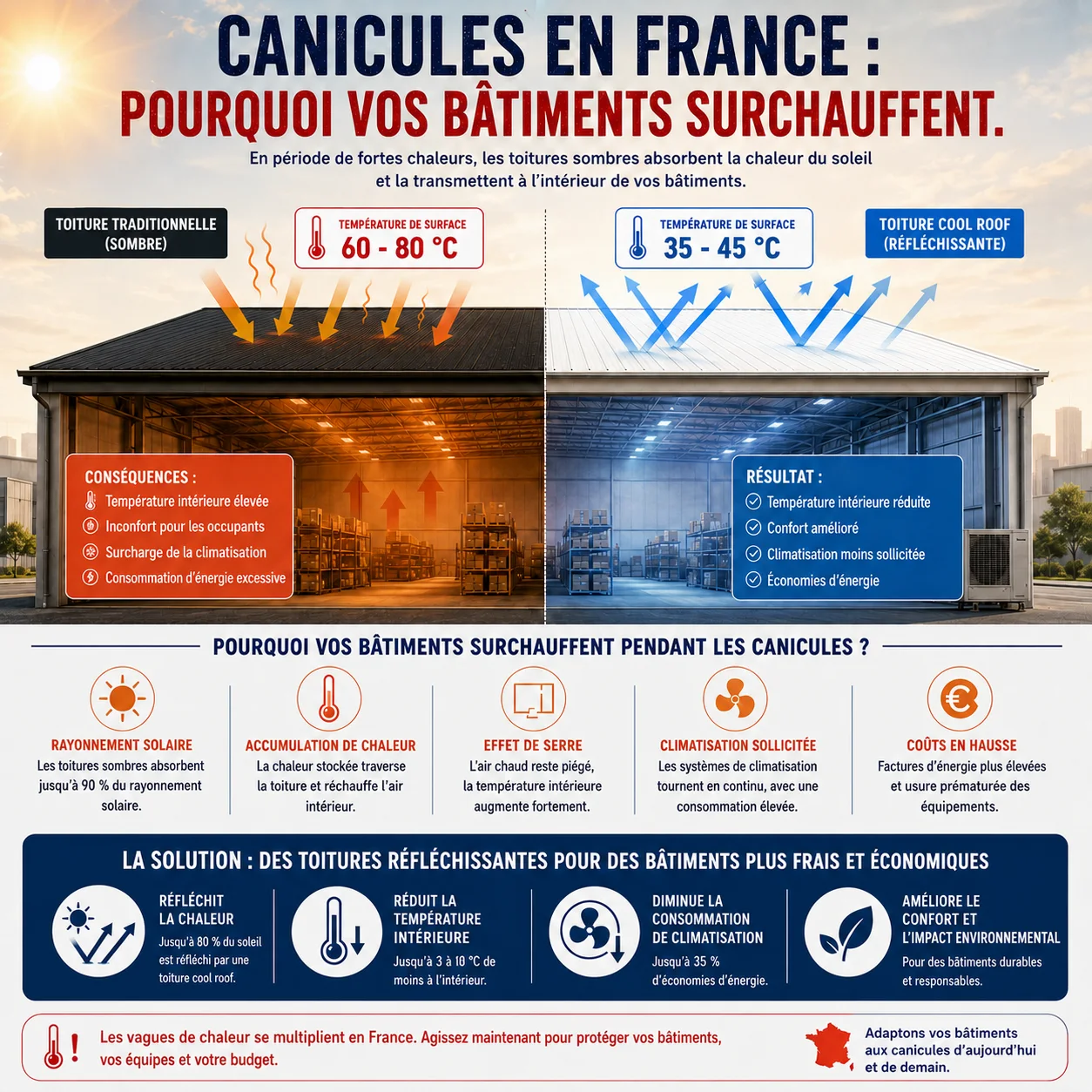 Infographie : pourquoi les bâtiments surchauffent pendant les canicules et comment une toiture réfléchissante y répond