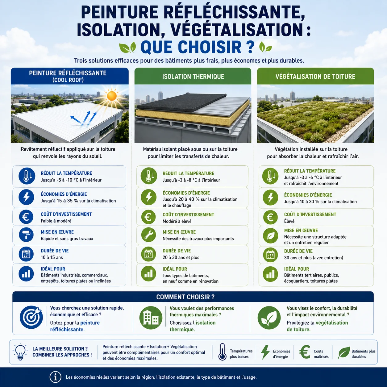 Infographie comparant la peinture réfléchissante, l'isolation thermique et la végétalisation de toiture