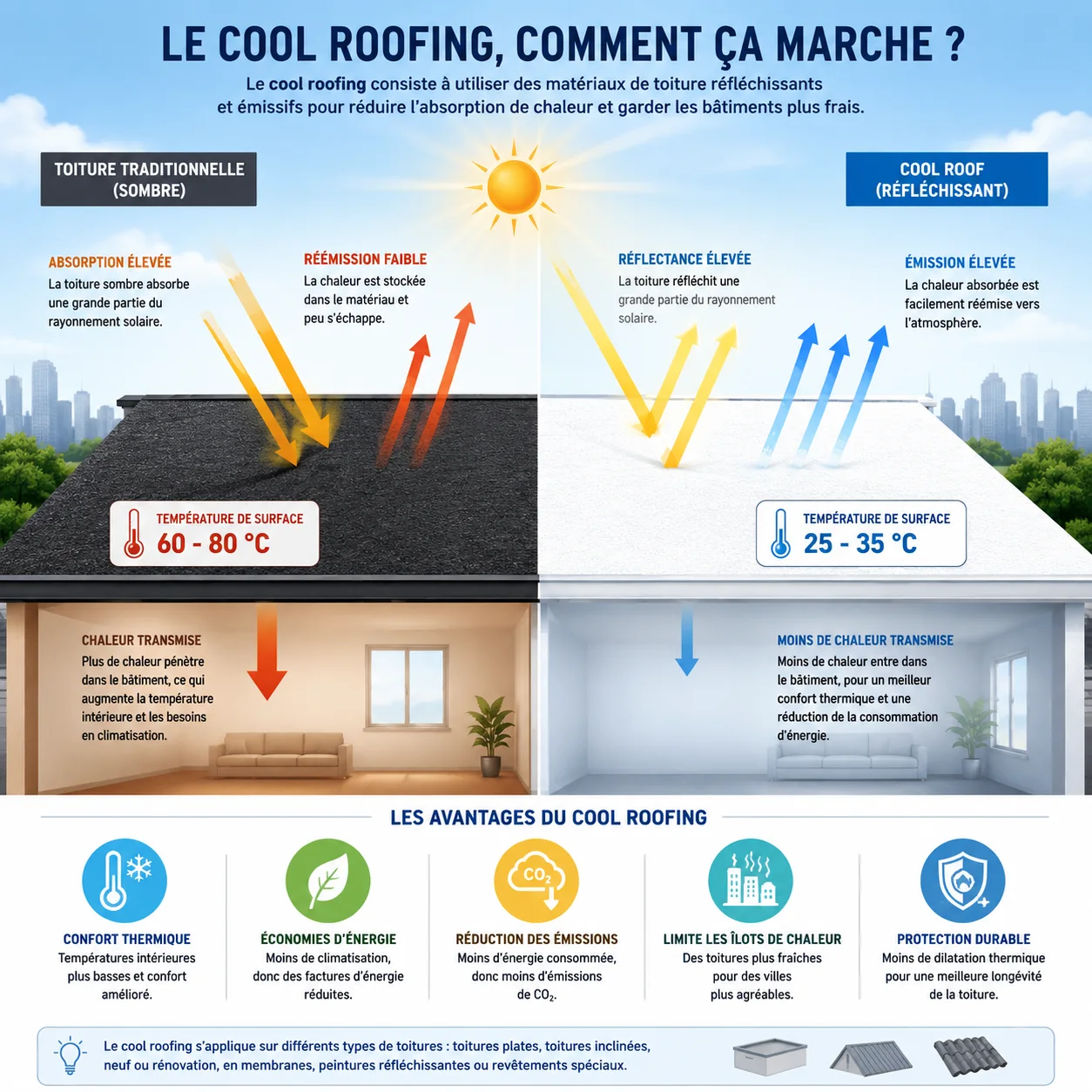 Infographie expliquant le cool roofing : toiture sombre qui absorbe la chaleur contre toiture réfléchissante qui la renvoie, et les cinq avantages