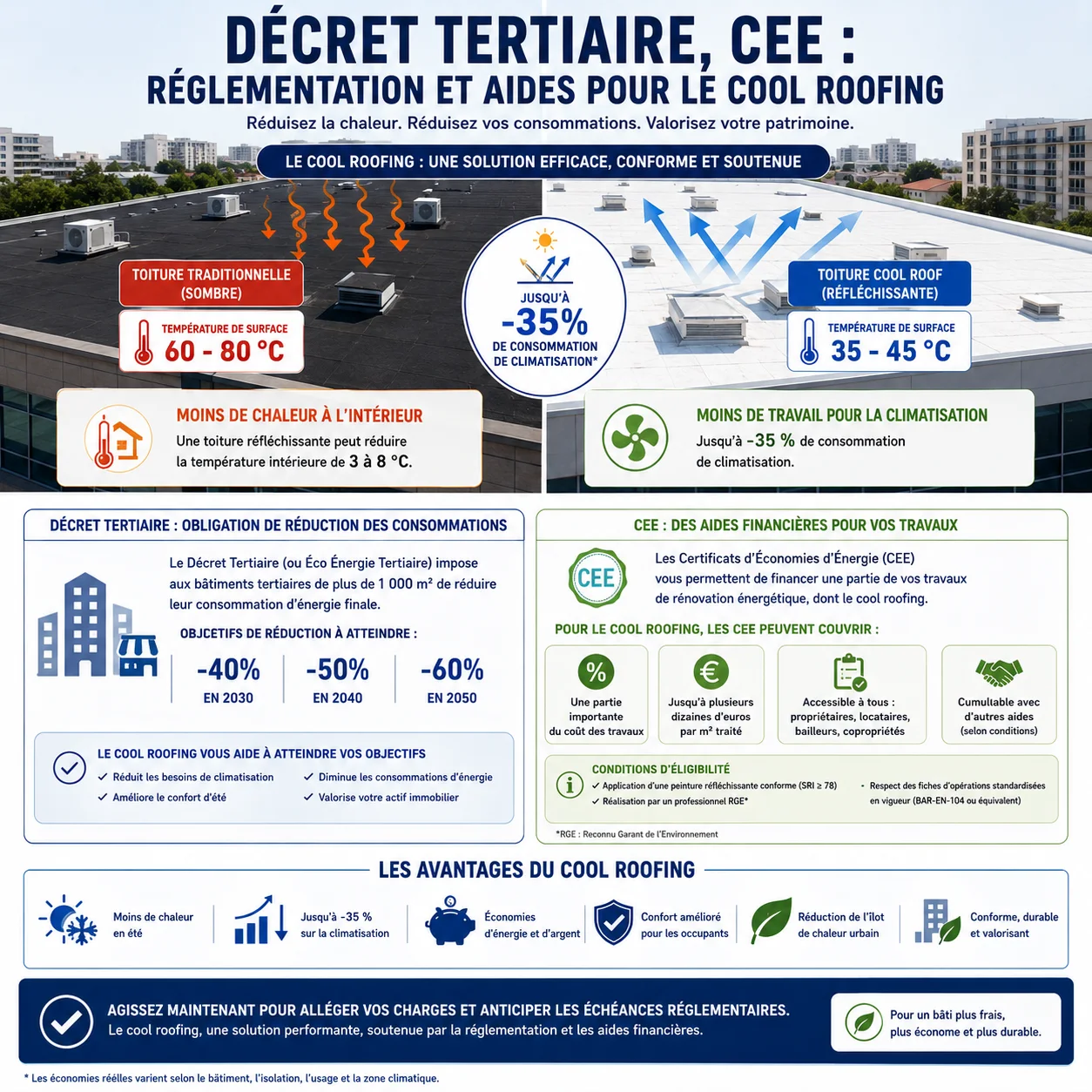 Infographie du décret tertiaire et des aides CEE pour le cool roofing : objectifs de réduction et conditions de financement