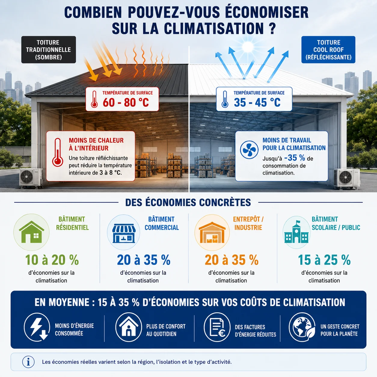 Infographie des économies de climatisation permises par une toiture cool roof selon le type de bâtiment