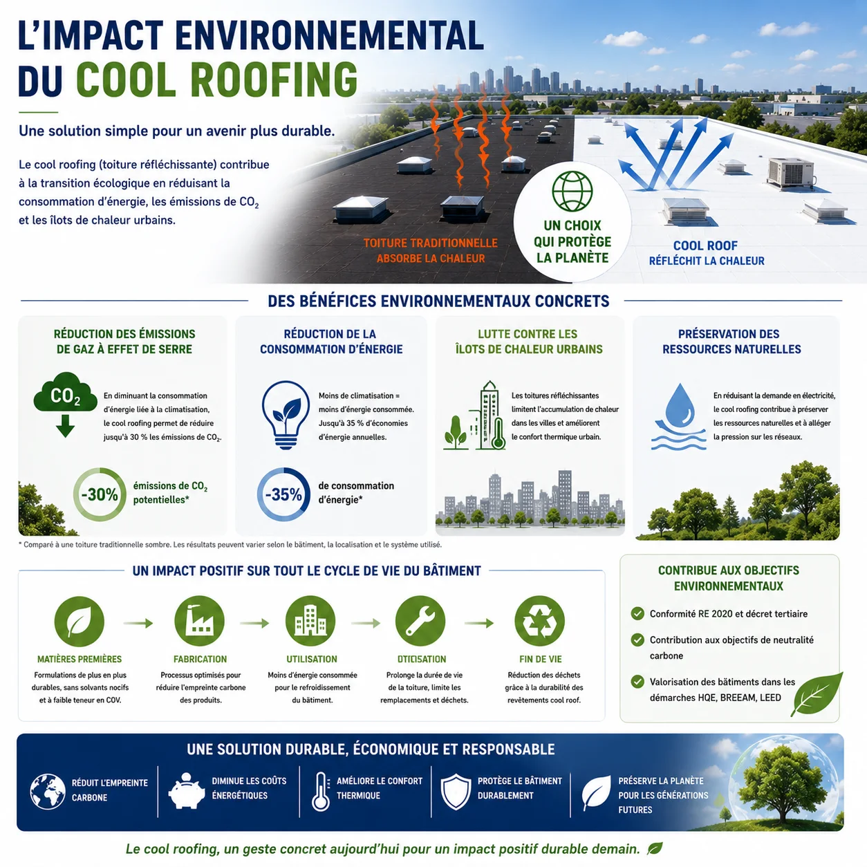 Infographie sur l'impact environnemental du cool roofing : réduction des émissions de CO2, des consommations et des îlots de chaleur