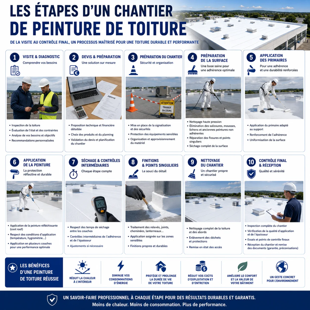 Infographie des 10 étapes d'un chantier de peinture de toiture, de la visite au contrôle final