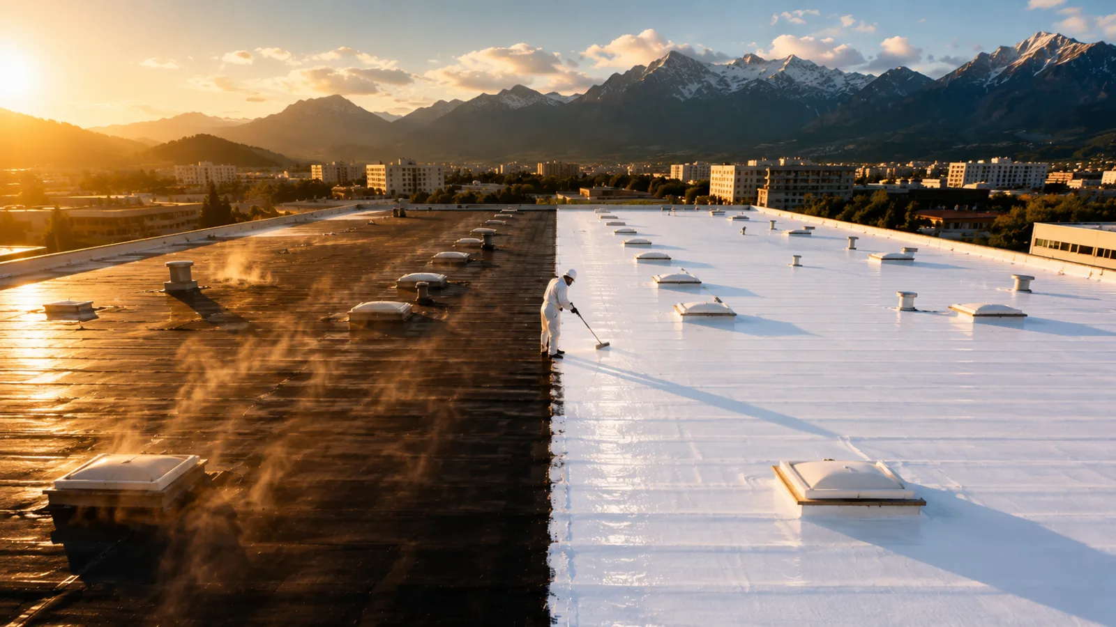 Applicateur recouvrant de blanc réfléchissant une toiture-terrasse bitume, moitié sombre moitié traitée, au coucher du soleil