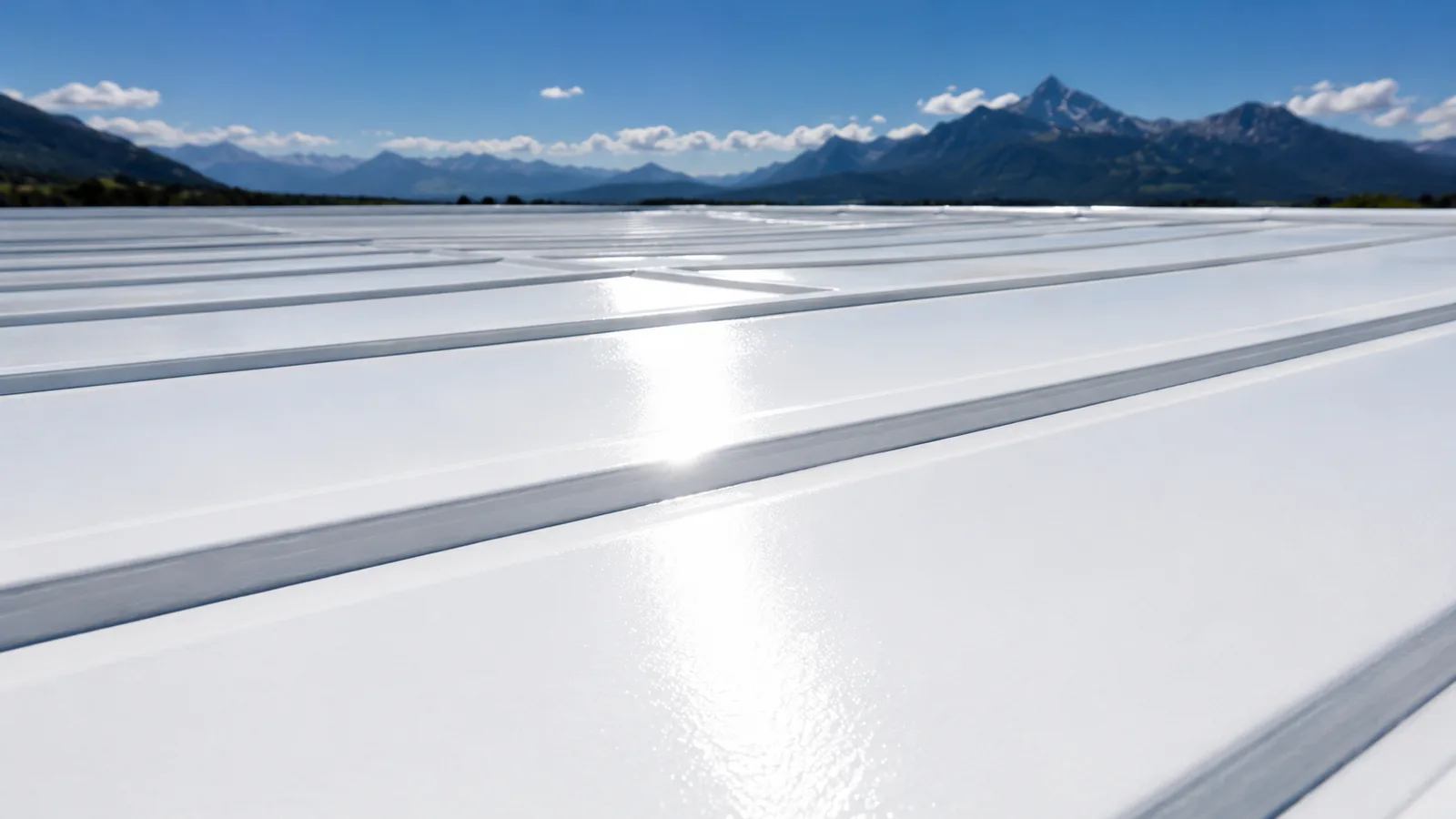 Surface de toiture traitée avec un revêtement blanc réfléchissant Thermostria