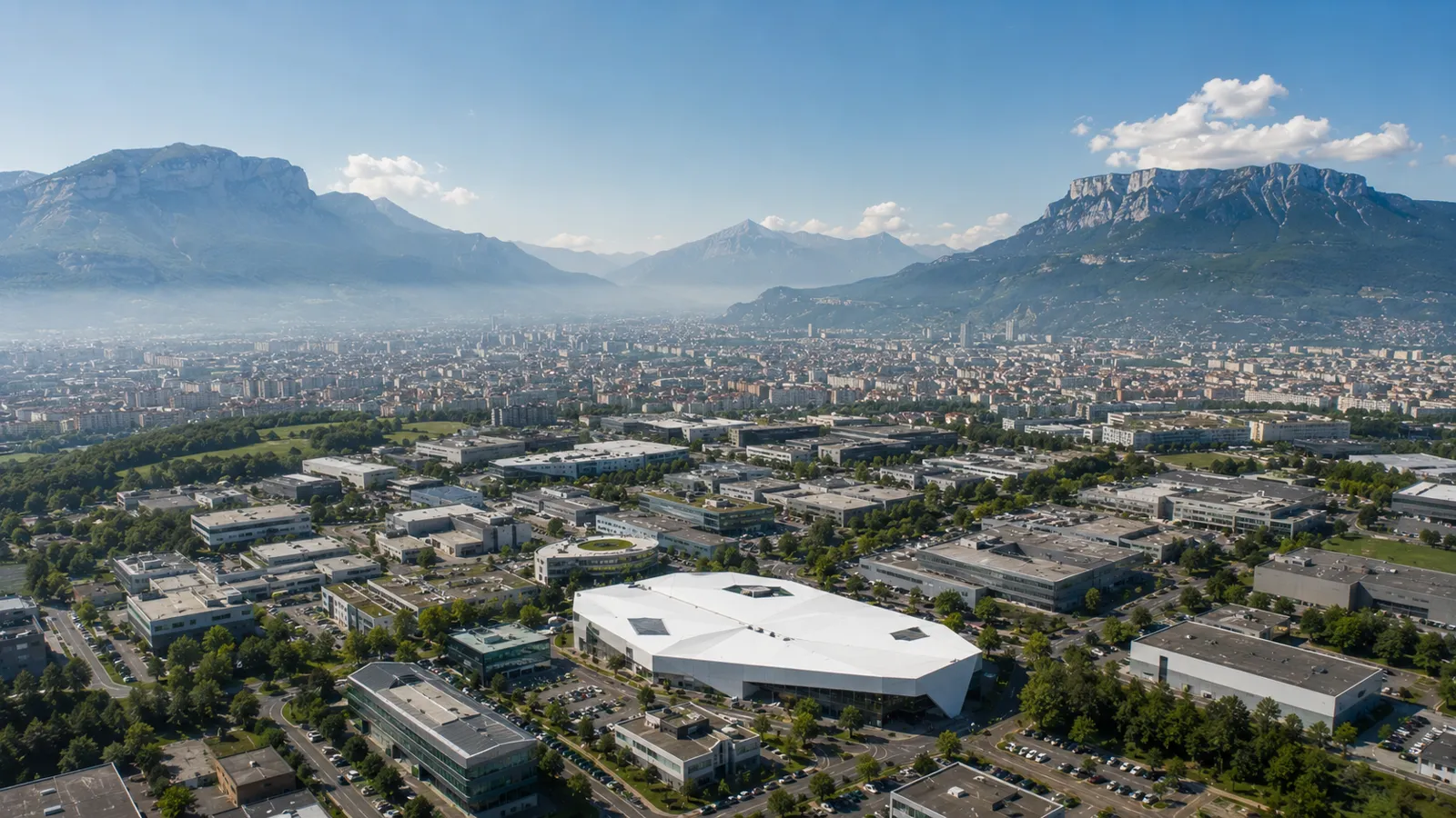 Vue aérienne de Grenoble avec un bâtiment à toiture blanche réfléchissante cool roof
